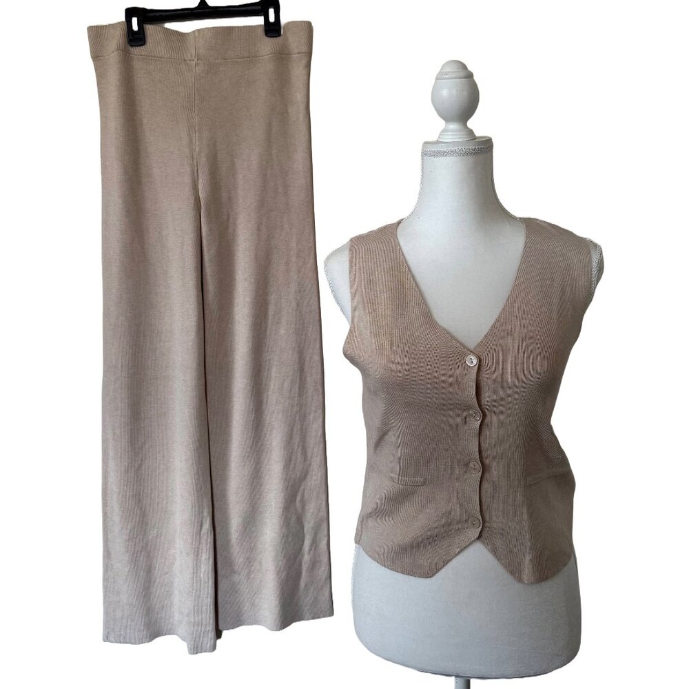 NWT PINK ROSE Women M  Button Down Vest & Wide Leg Pants Knit Set in Beige